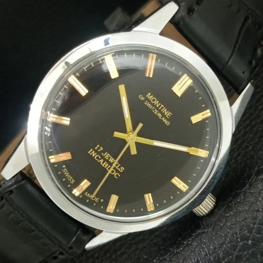 Vintage 1976 Montine Of Switzerland Manual Mens Silver Watch W/Leather Strap